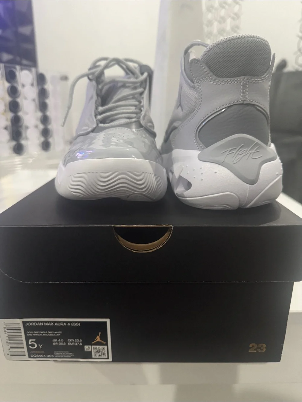 Jordan Youth Glossy Grey and White Retro Basketball Sneakers